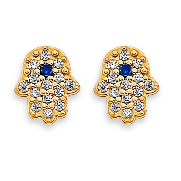 14K Yellow Gold Blue and Clear CZ Hamsa Stud Earrings with Screw Back